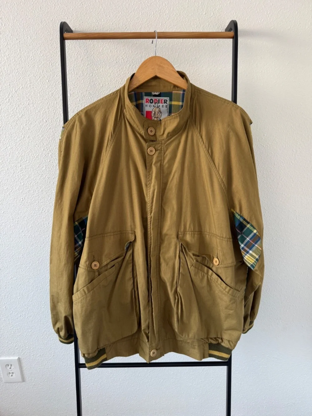 Rodier Hommes Vintage Bomber Jacket – Olive with Plaid Lining - Picture 3 of 8